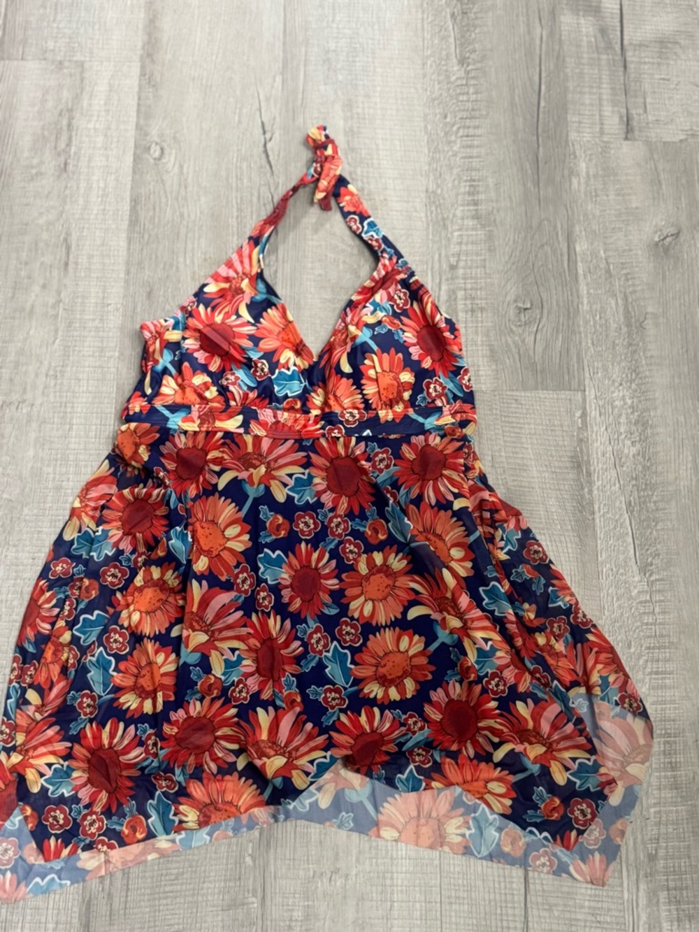 Floral Halter Swimdress - Navy with Red & Orange Flowers